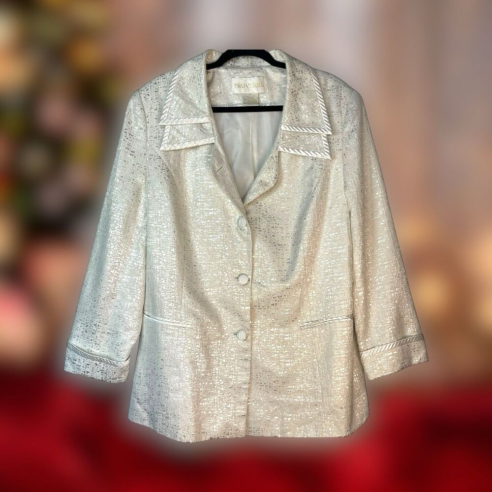 Sparkling Silver Lame White Blazer 18W Proverbs Women’s Vintage Holiday Coat